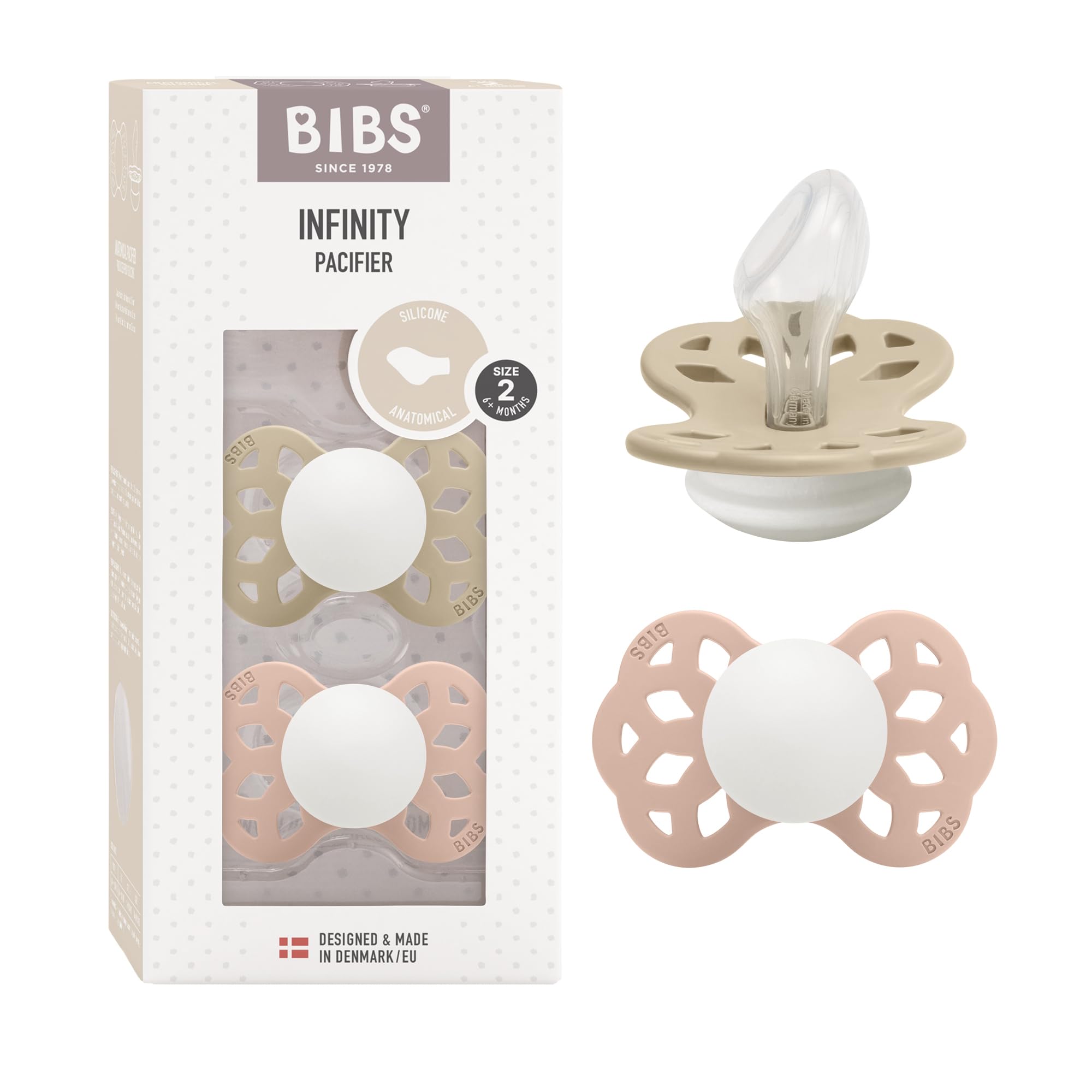 BIBS Infinity Glow Anatomical Schnuller 2er-Pack, BPA-frei. Leuchtet im Dunkeln, Kiefergerechte Form. Silikon, Hergestellt in Dänemark, Größe 2 (6-18 Monate), Vanilla Glow/Blush Glow