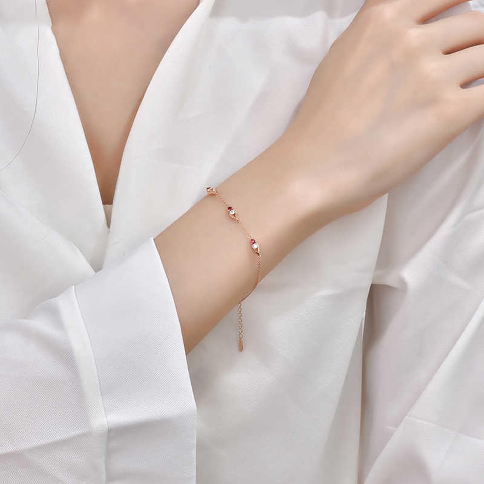 Pulseras de la amistad de oro rosa, rubí de 0,15 quilates, diamantes de 0,14 quilates, pulseras de la amistad para mujer