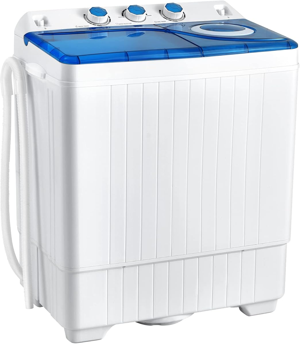 COSTWAY, Twin Tub 26lbs Capacity Laundry, 18lbs 8lbs Spinner Combo with Timer Knobs, Built-in Drain Pump, Compact Washer for Home Dorm Apartment (Blue+White) portable washing machine