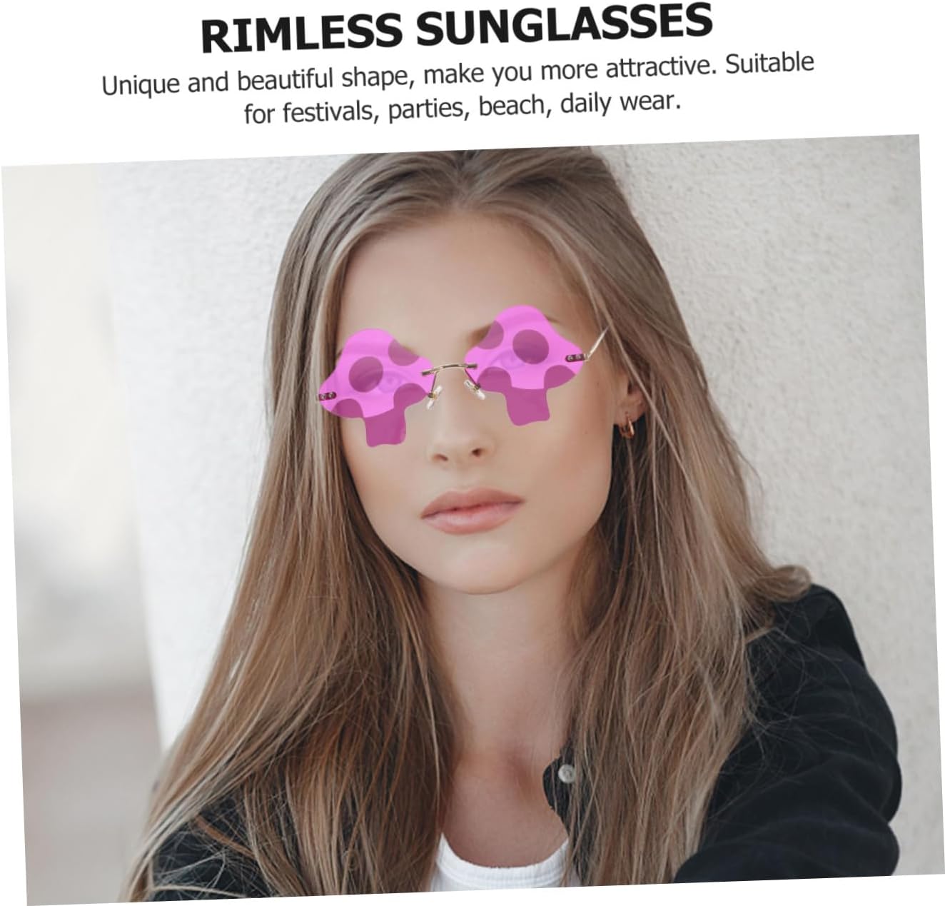 Rimless Funky Sunglasses for Women Purple Red Frame Trendy Party Glasses Unique Mushroom Shape UV Protection