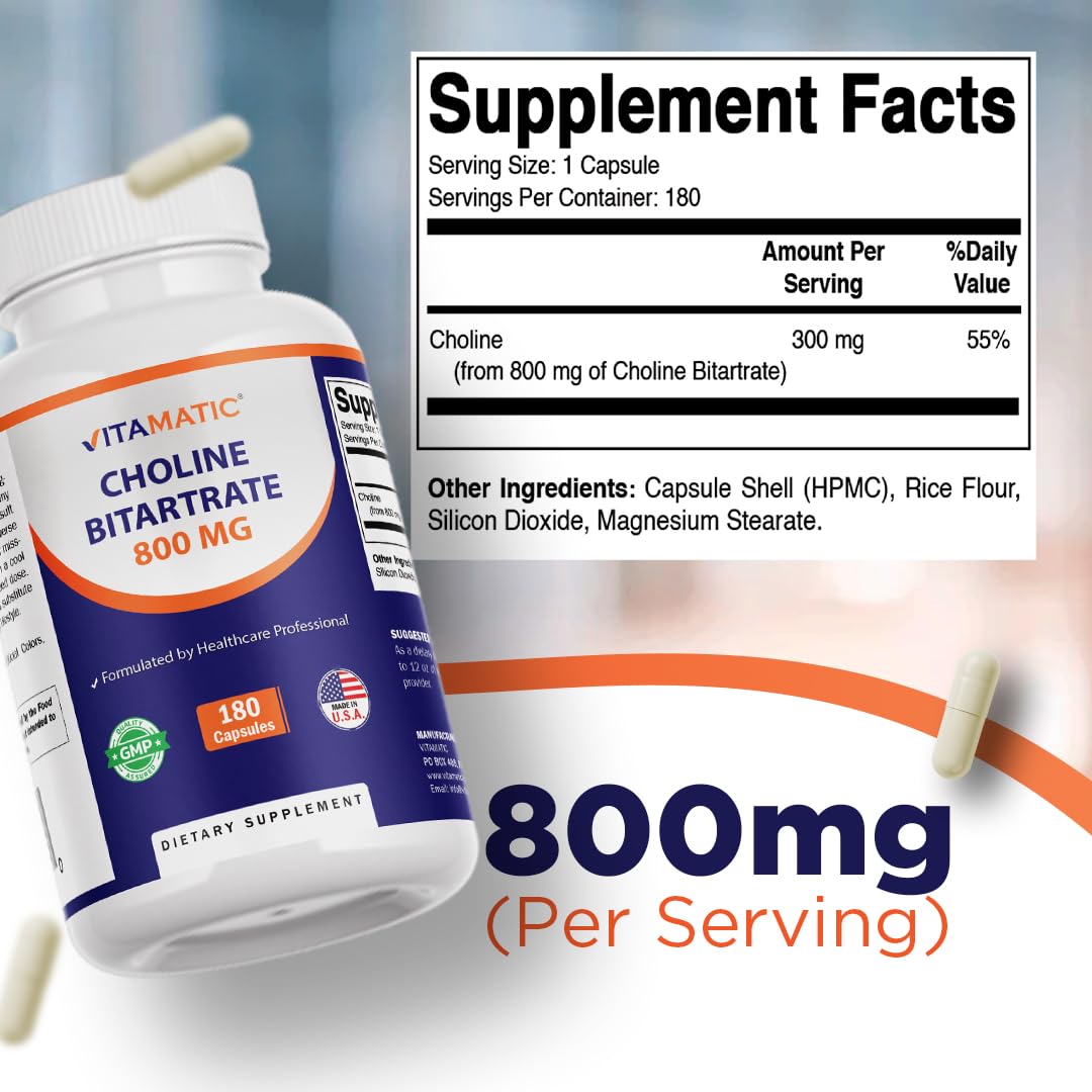Vitamatic Choline Bitartrate 800 mg – 180 Vegetable Capsules – Non-GMO, Gluten Free – Made in USA — Amazon image 2