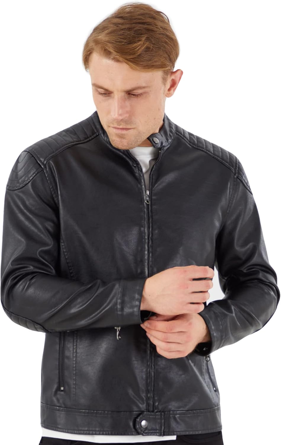 WULFUL Men's Stand Collar Leather Jacket Motorcycle Lightweight Faux Leather Outwear - Image 2