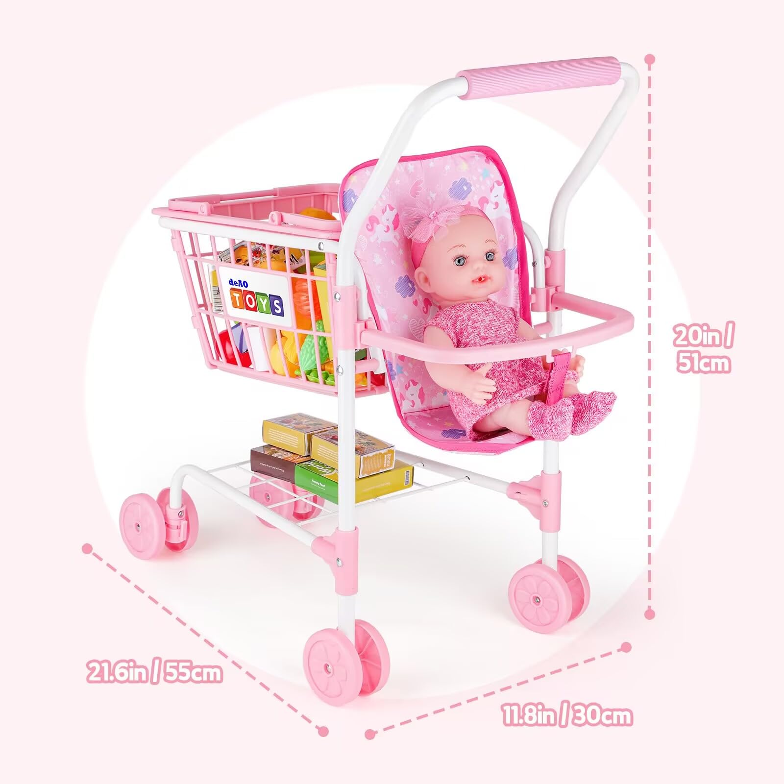 deAO Chariot de Courses pour Enfants 3 Ans+, Caddie Jouet avec Siège pour Poupée, 31 Aliments Jouets Billets Argent, Sac à Provisions, Jeu de Rôle Magasin, Cadeau Enfant Rose