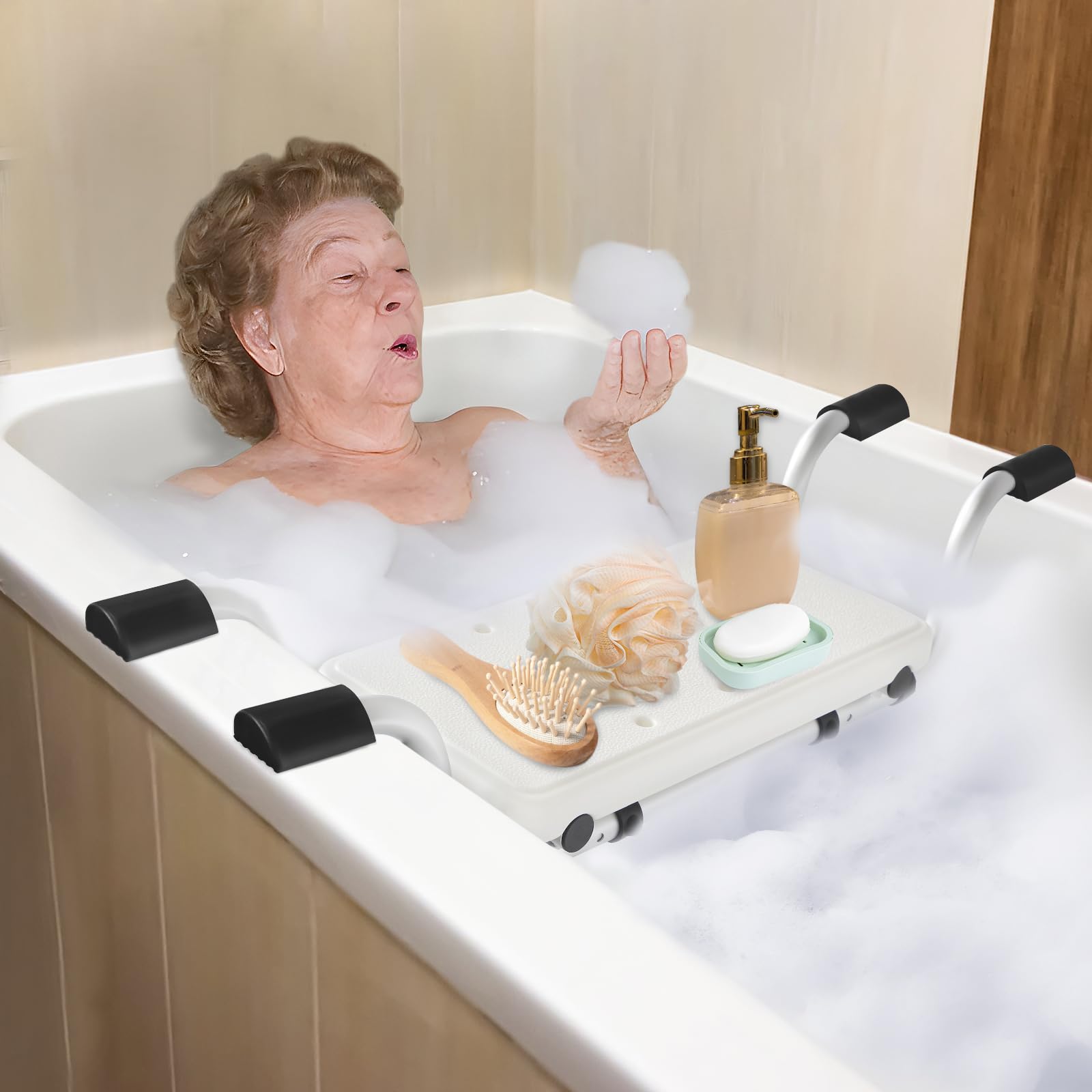 Sedile per vasca da bagno per anziani, testa antiscivolo, per doccia, vasca da bagno, piedini semicerchi in gomma con superficie antiscivolo, in alluminio, portata fino a 120 kg, colore nero