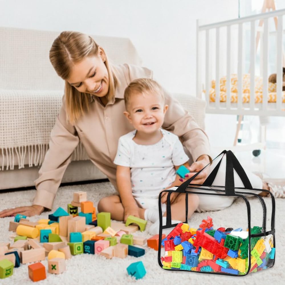 Confezione da 6 sacchetti trasparenti per giocattoli con manici, 35 x 24 x 18 cm, impermeabili, in PVC, con cerniera, riutilizzabili, per giocattoli per bambini, libri, cosmetici (nero)