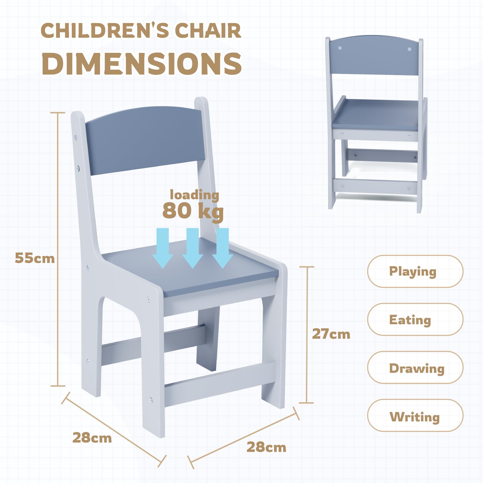 MAMIZO Lot de 4 chaises pour enfant en bois - À partir de 1 an - Hauteur d'assise : 27 cm - Chaises pour enfant jusqu'à 80 kg - 55 x 30 x 28 cm - Table pour enfant - Avec dossier et repose-pieds