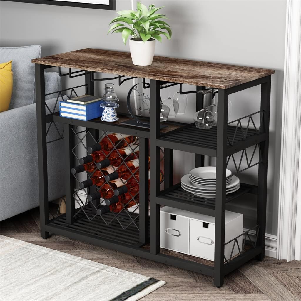 Industrial Wine Rack Table with Glass Shelf and Wine Cabinet, Console Table with Wine Rack, Wine Cabinet for Home Kitchen (D As Shown)