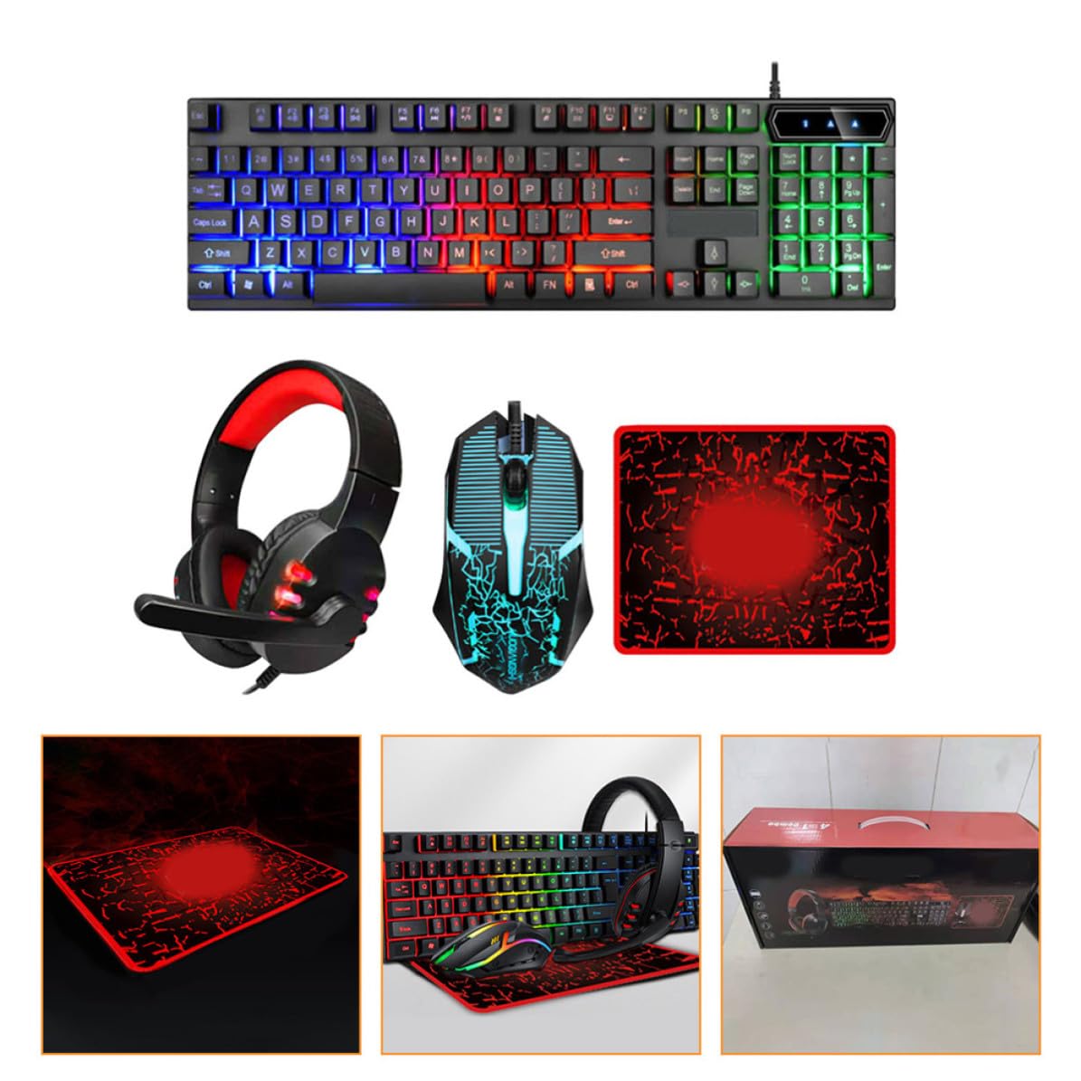 Juego de Teclado, Ratón Ergonómico y Auriculares Alfombrilla para Ordenador, Diseño Especial en Abs, Conexión USB 2.0 y 3.5mm para Gaming y Oficina