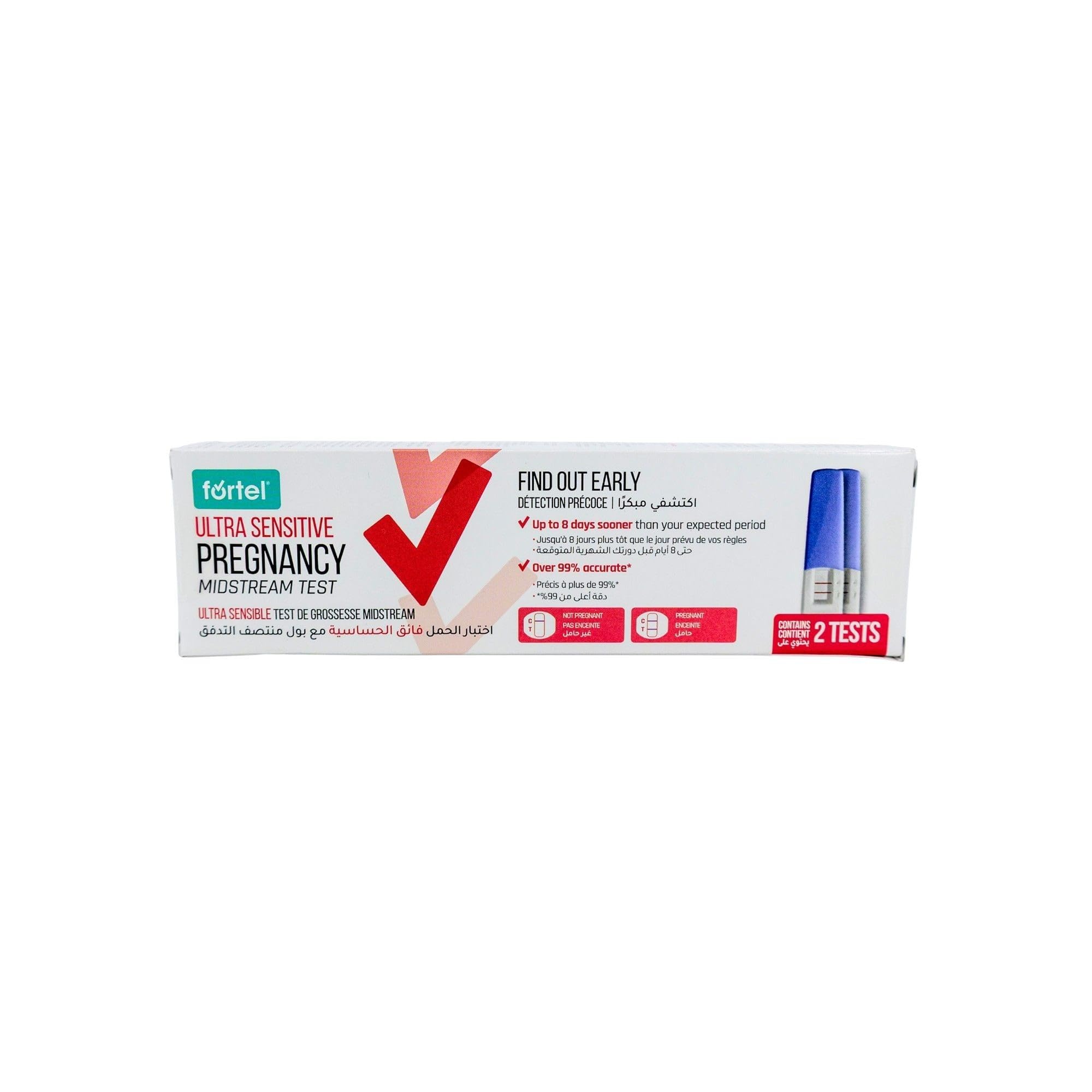 Fortel Ultra Sensitive Pregnancy Midstream Test Kit, 2 Tests, Twin Pack Home Pregnancy Tests with Clear Result Window, Hygienic Midstream Design for Early Testing and Reassuring Retesting