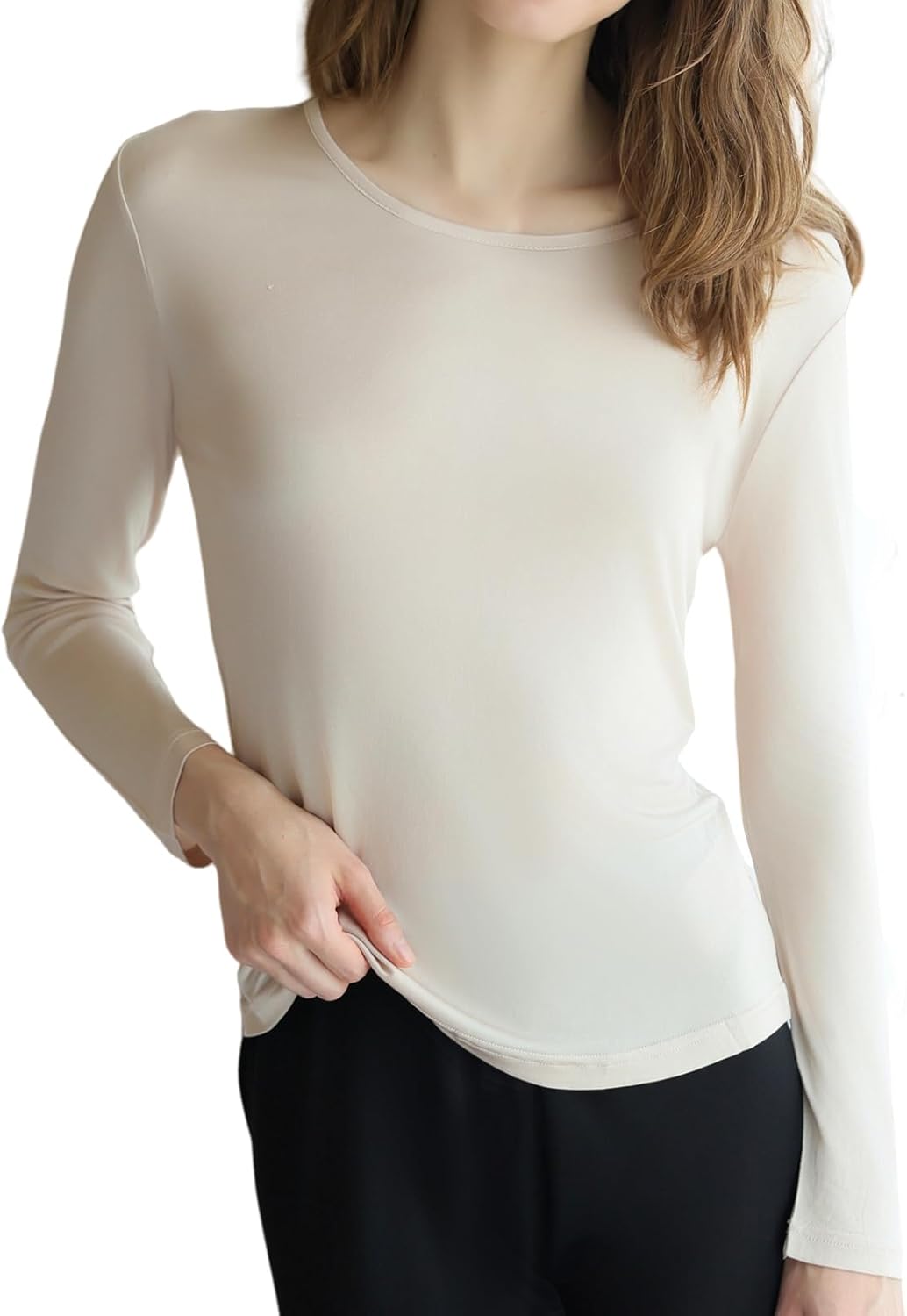 Women's Silk Thermal Underwear Tops Winter Long Sleeve Crewneck Undershirt Soft Long Johns T-Shirt Knit Base Layer