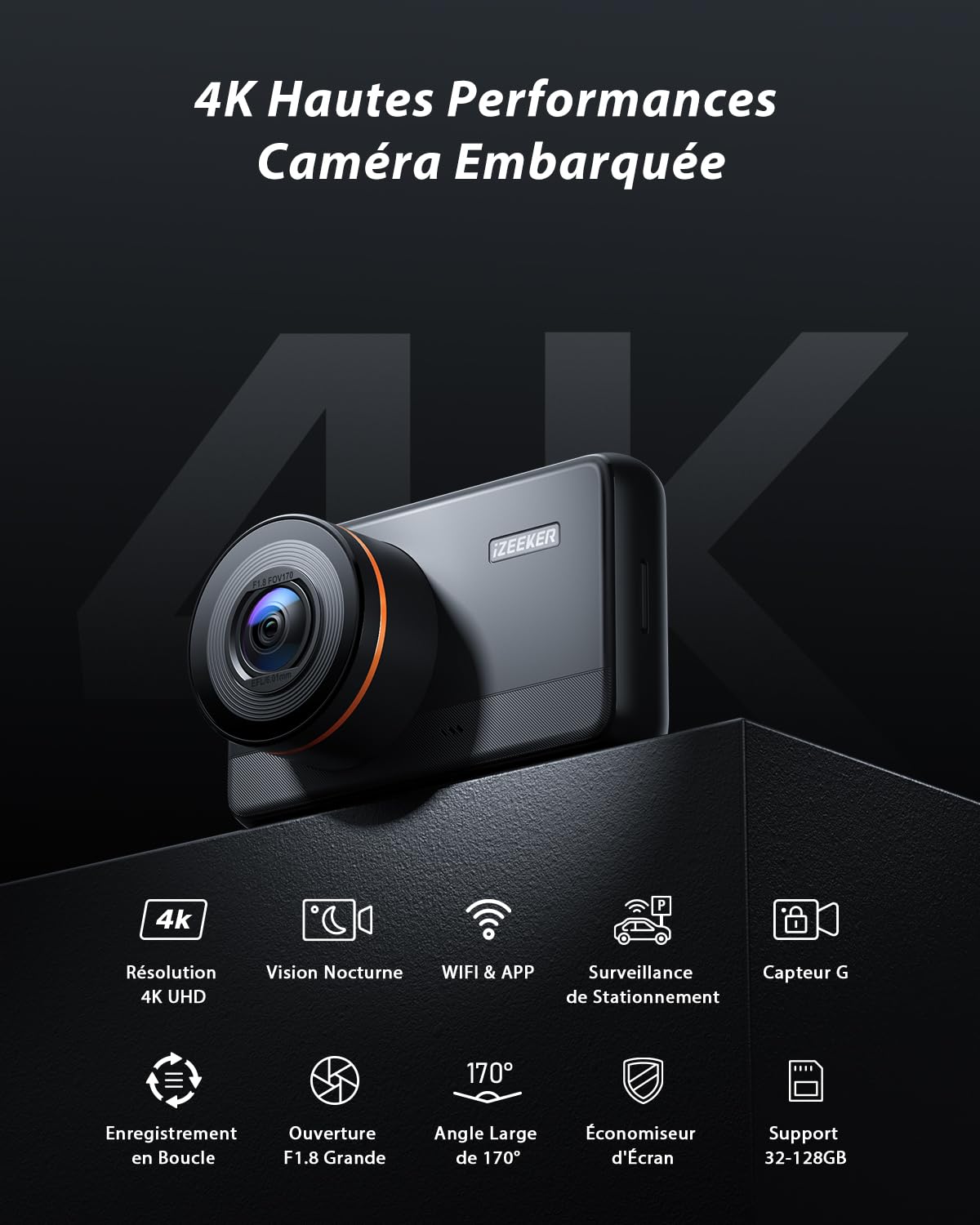 iZEEKER 4K Dashcam WiFi, 2160P Frontale Caméra Voiture avec Carte SD 32G, Vision Nocturne WDR, Enregistrement d'urgence, Enregistrement en Boucle, Mode stationnement 24h/24, G-Capteur