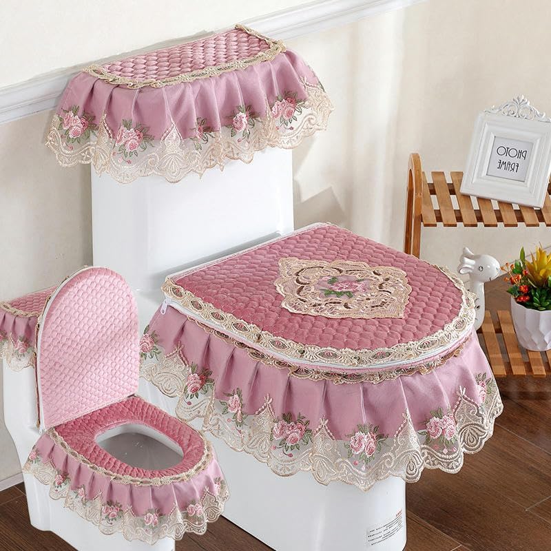 Toilet Lid Cover Set,3PCS/set Velvet Toilet Pads Toilet Lid & Tank Covers Lace Cloth Toilet Seat Cover Pads Lace Toilet Lid Covers(Blauw)(Roze)