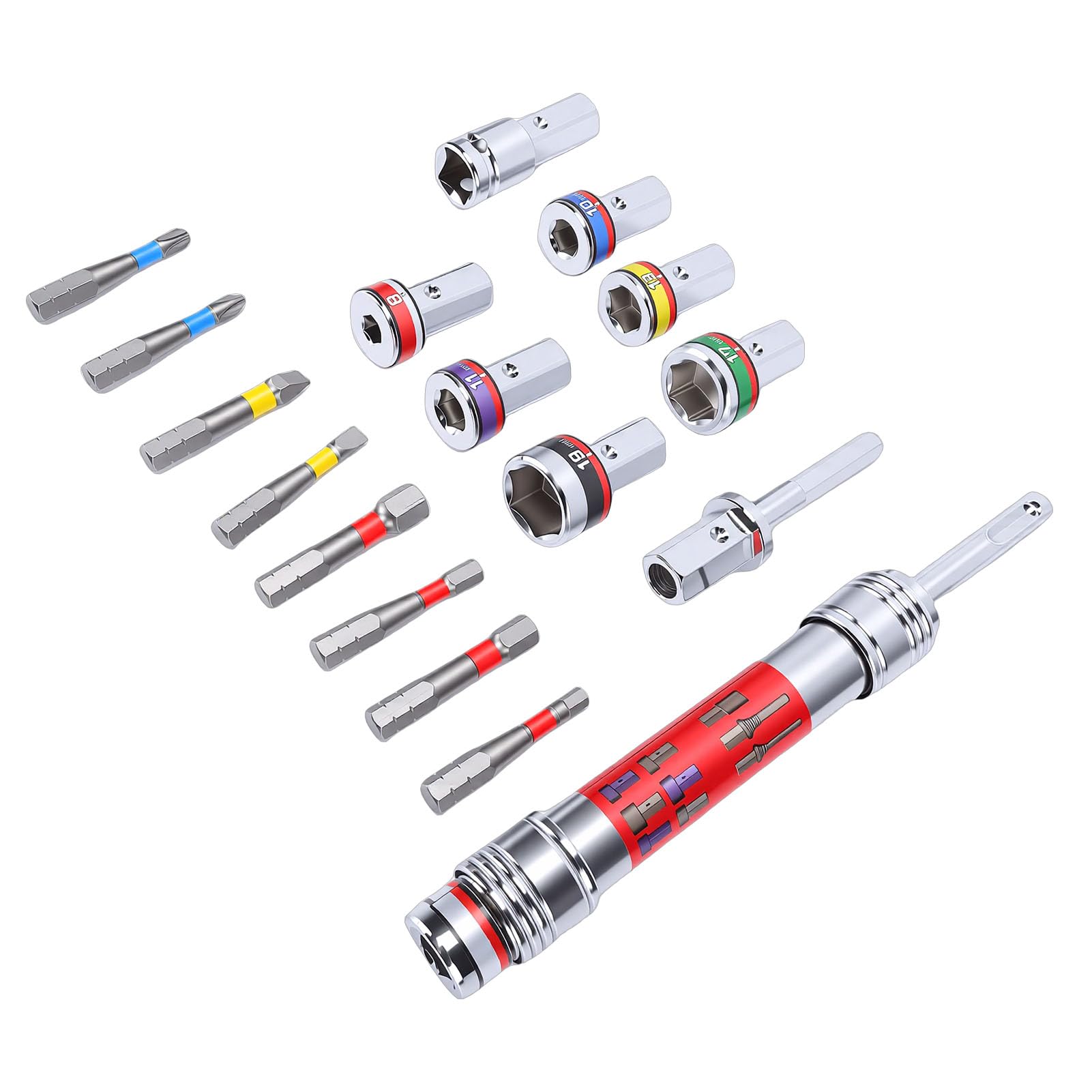 Fockety Set di Prese con Prolunga per Barra a Impatto, 7 Pezzi in Acciaio | Set di punte per cacciavite per installazione domestica, adattatore esagonale da 8 mm, kit di strumenti per la riparazione