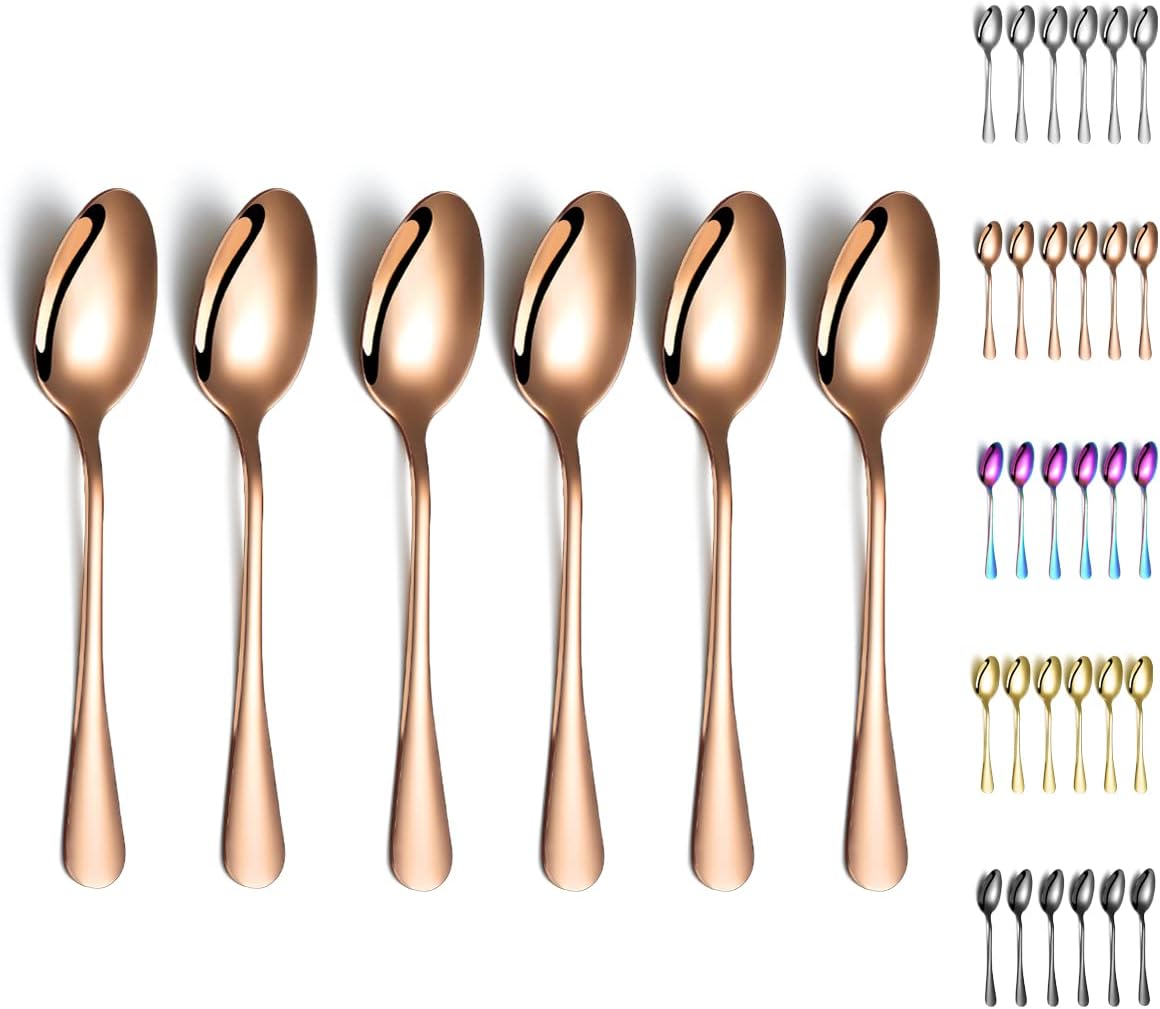 Rose Gold Dinner Spoons, Kyraton 6 Pieces 7.5" Stainless Steel Table Spoon With Titanium Copper Plating, Rose Gold Soup Spoons, Dessert Spoons Sliverware Dishwasher Safe Set of 6 6. 6 pieces rose gold