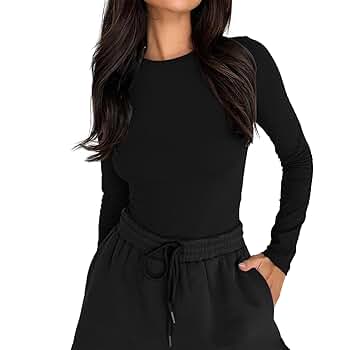 Dwnval Womens Fall Casual Basic T Shirts Slim Fit Crewneck Cute Long Sleeve Crop Tops(Black, XS) At Women's Clothing Store