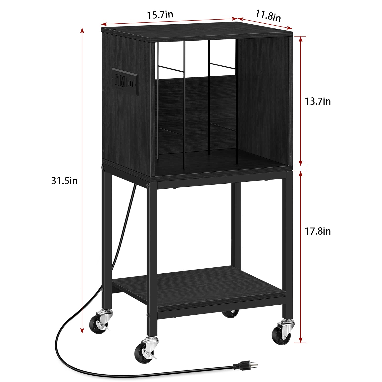 Record Player Stand with Storage, Turntable Stand with Record Storage Vinyl Record Storage with Charging Station 3 Tier Record Player Table Cabinet Black Nightstand with USB Ports and Outlets