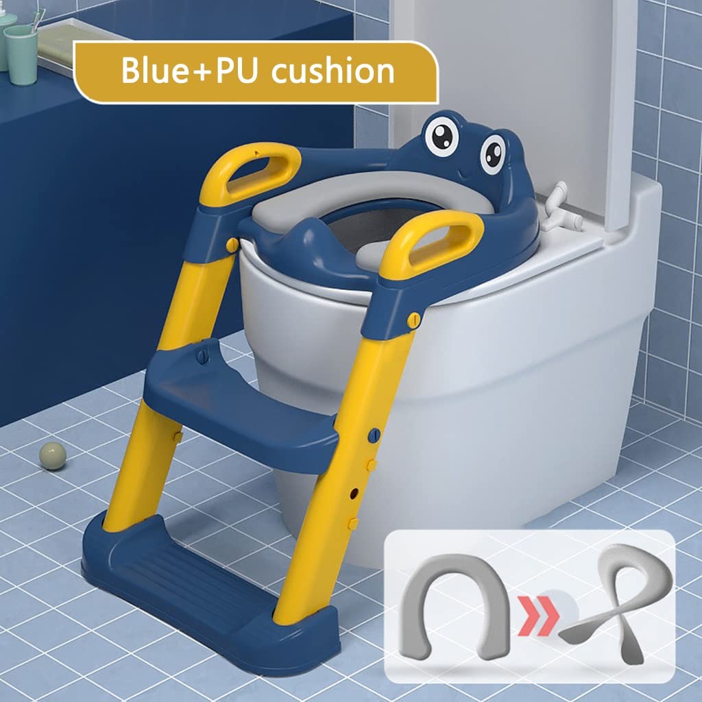 Reducteur WC avec Escalier Ajustable Siège Toilette avec Escalier pour Filles Et Garçons, Pliant Reducteur Toilette avec Escalier avec Dossier Grenouille, Porteur 50kg