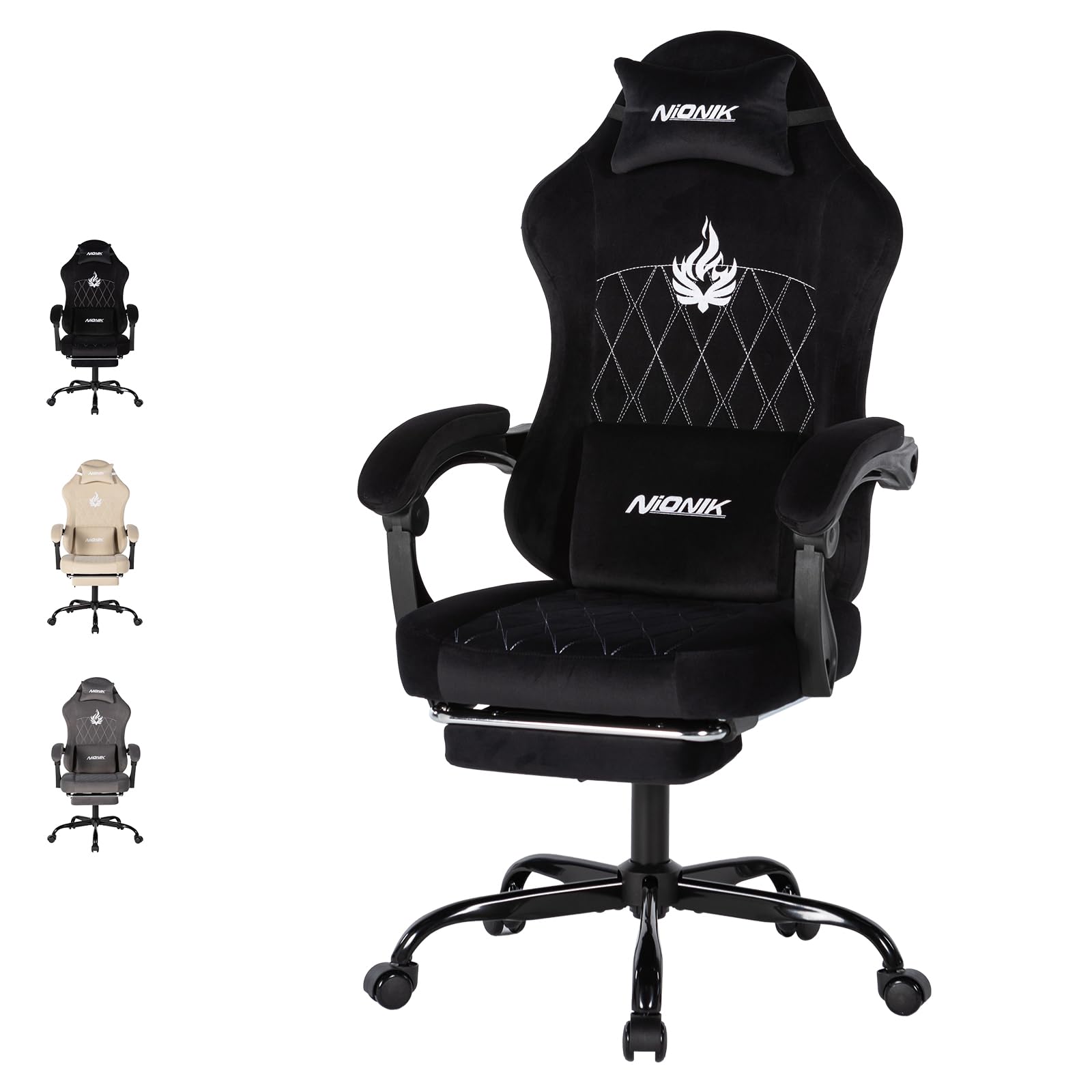 NIONIK Massage Gaming Chair with Footrest, Ergonomic Office Chair with Lumbar Support and Headrest, Breathable Fabric Adjustable Height Computer Seat for Home Office, Black