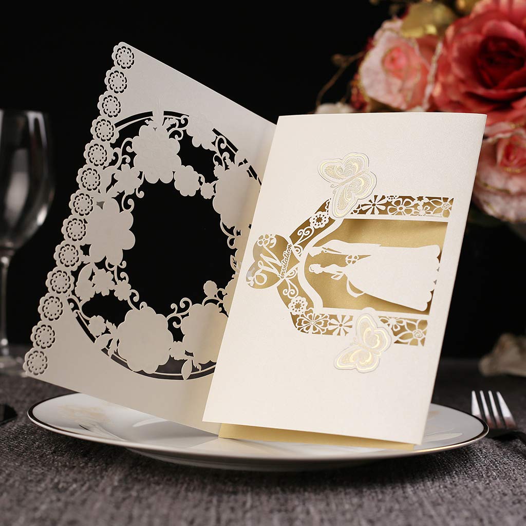 CYSKY Wedding Invitation Card 50 pezzi biglietti invito al taglio laser con carta stampabile vuota e buste per matrimonio, fidanzamento, anniversario (Bianca)