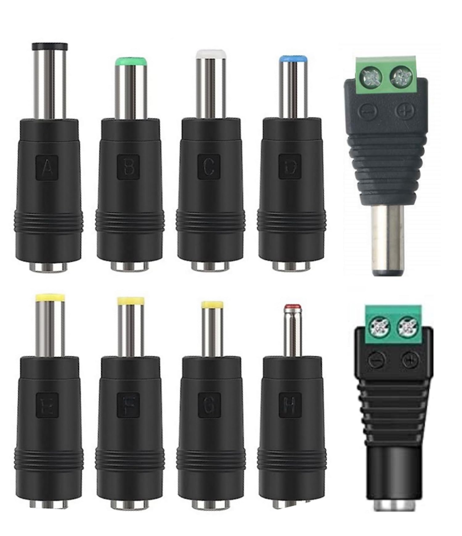 Melfi™ 60Pcs Power Adapter 5.5 x 2.1mm Female Jack to DC Male Plug With 8 Multiple Tips Connector for CCTV Camera Security Monitoring and LED Strip Light