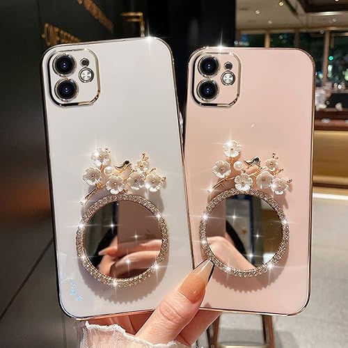 Miniatura 5 de Casechics Funda compatible con iPhone, espejo de diamante con purpurina, maquillaje con flores brillantes, galvanizado floral, protección de lente