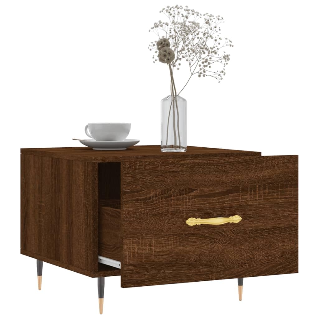 Mesa de centro marrón efecto roble 50 x 50 x 40 cm de material de madera con patas de hierro, elegante mesa auxiliar para salón, dormitorio y pasillo, tablero robusto con cajón para espacio de