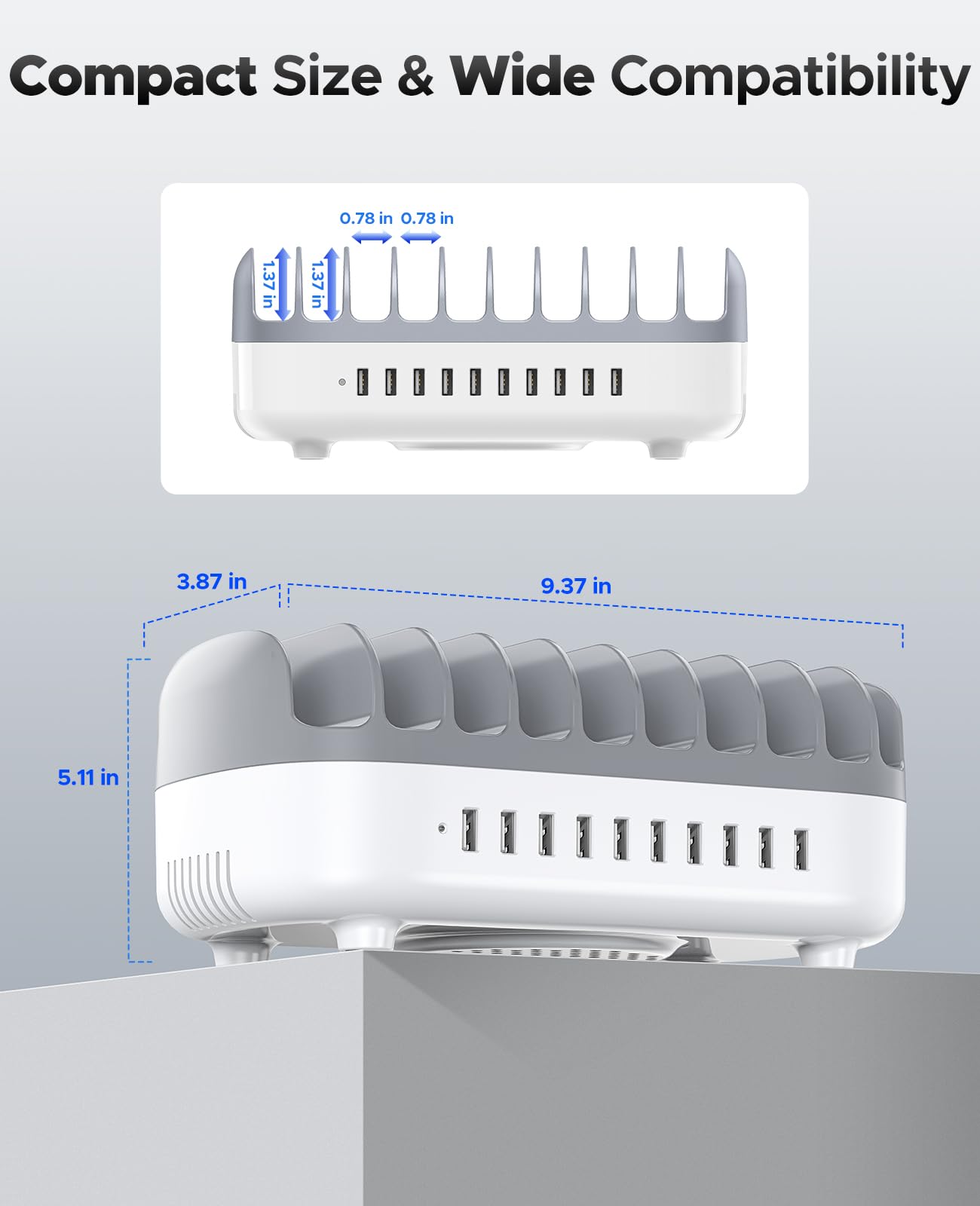 ORICO 120W Ladestation für Mehrere Geräte, Neues Upgrade 10 Ports Smart USB Ladestation, Kompatibel mit iPhone 15/14/13/12, iPads, Android Phone und Tablets (Ohne 10 Ladekabel Weiß)