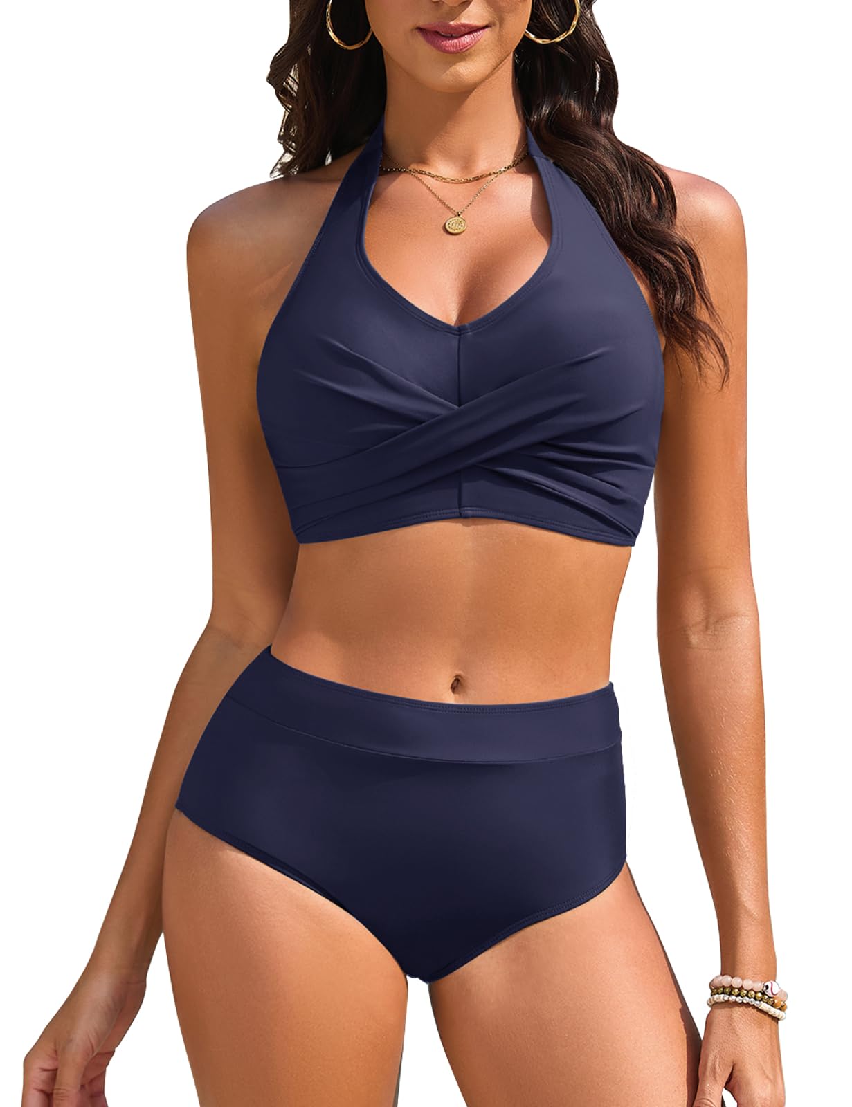 Vijamiy Bikini Damen Set High Waist Bauchweg Badeanzug Zweiteiliger Sexy V-Ausschnitt Push Up Bikini Neckholder Bademode Grosse Grössen Beach Pool