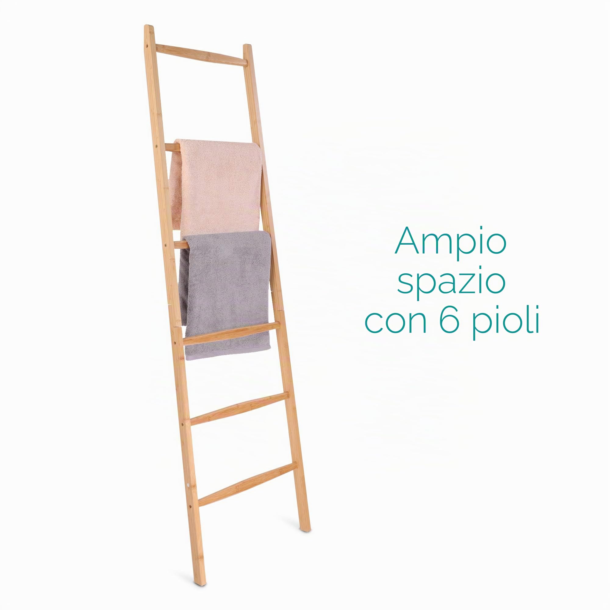 Navaris Scala Portasciugamani a 6 Pioli - Scaletta in bambù Marrone 170x56x3cm - Scalda Salviette Decorativo Bagno - Porta Asciugamani Verticale