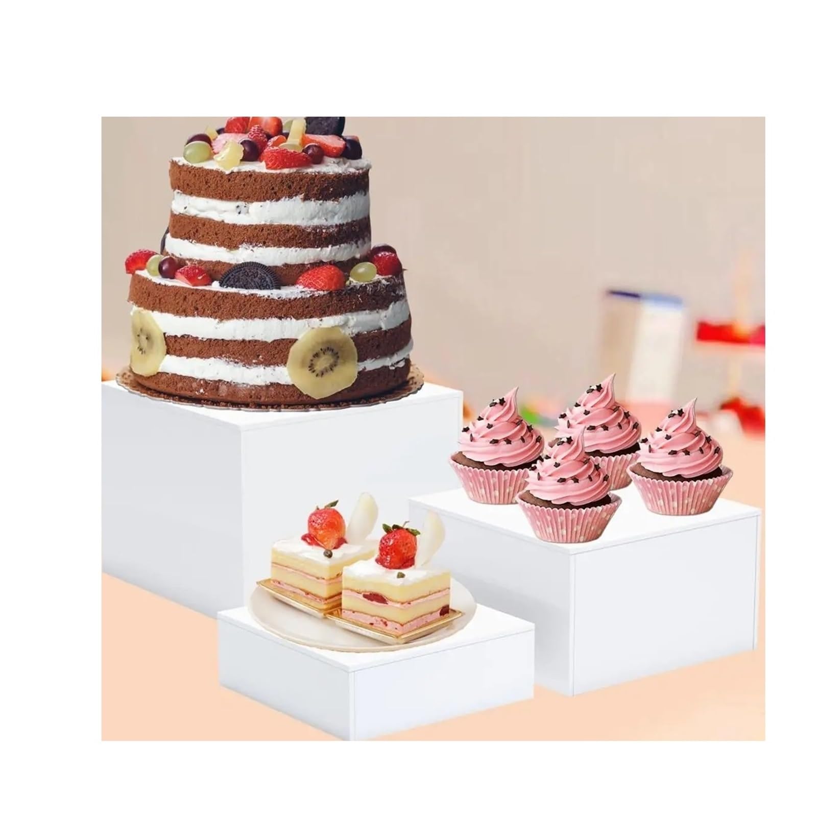Zymjzbetic Buffet Riser 3 Pieces Buffet Risers Multipurpose Cube Display Nesting for Parties Catering Figures Collectibles Wedding for Food Display(WHITE)