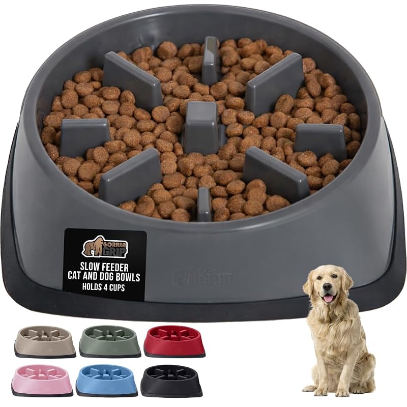 Comedouro Lento para Cães e Gatos GORILLA GRIP com Labirinto e Base de Borracha, Cinza, 4 Xícaras