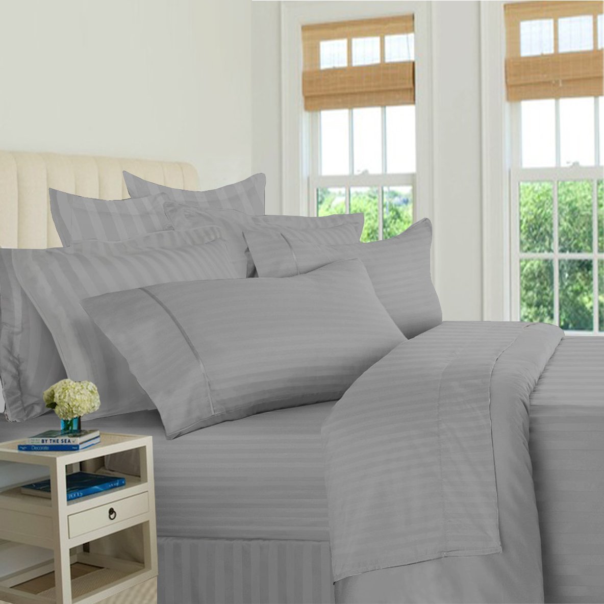 Bed Bath Fashions500 Thread Count 100% Egyptian Quality Cotton Stripe Bed Sheet Set, 4 Piece Set, Long-Staple Combed Pure Cotton Bed Sheets, Soft Sateen Weave (California King, Grey)