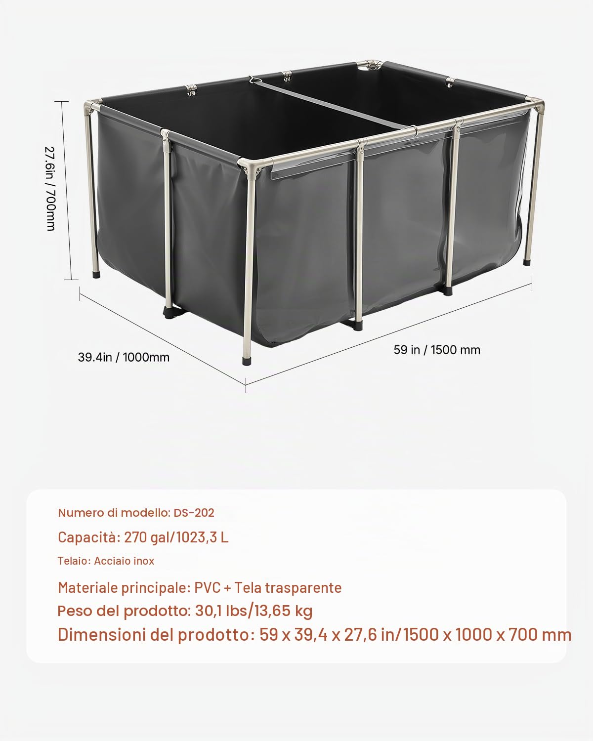 VEVOR Tela Peschiera Fuori Terra, con Pannello di Visualizzazione Trasparente, Rettangolare Pesci Rossi con Telaio in Acciaio Inox, Valvola di Scarico, per Allevamento Carpa, Nero 1023,3 L