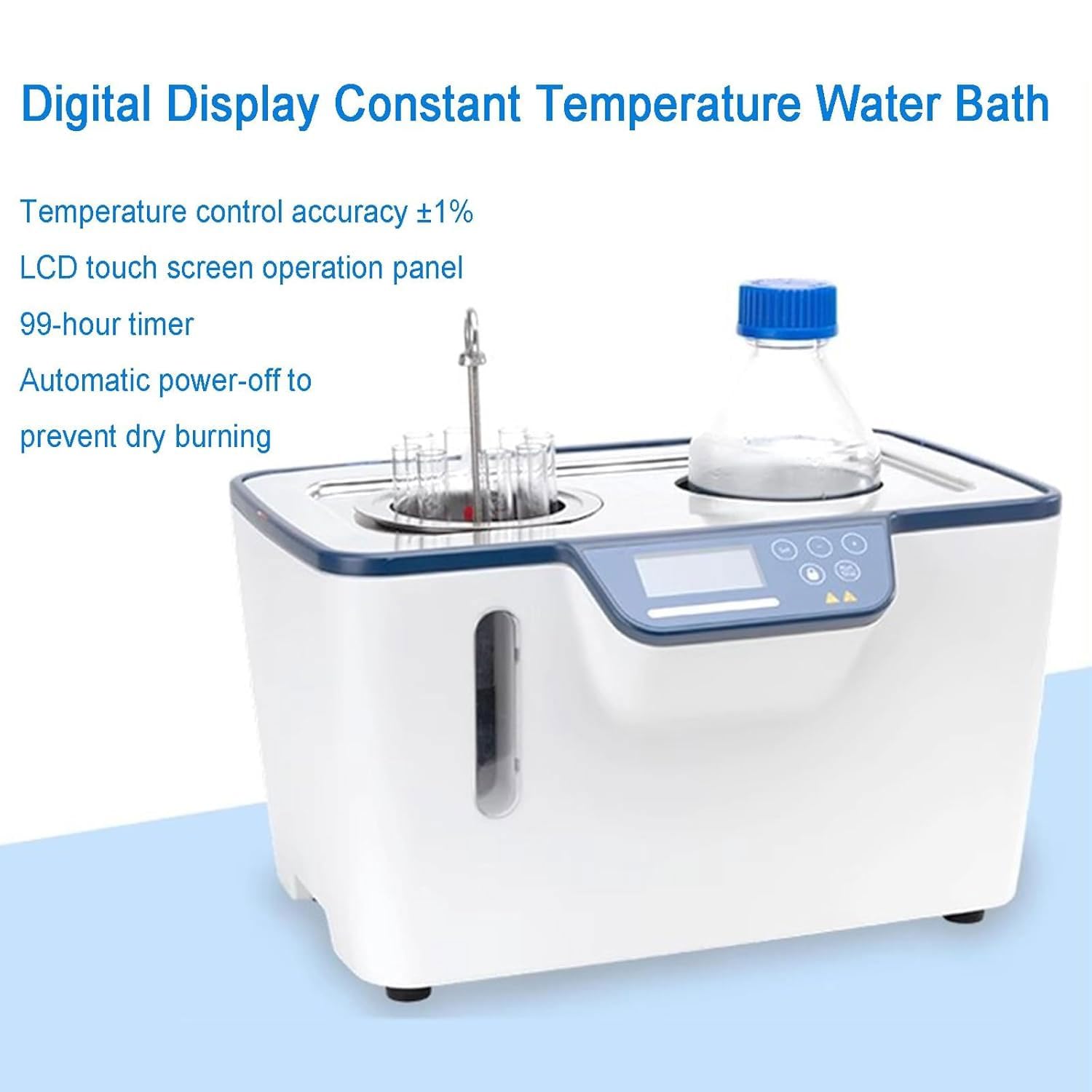 Baño María termostático de laboratorio, 800 W, pantalla LCD, tanque interior de acero inoxidable de 5 L, temporizador de 1 min a 99 h 59 min, protección contra quemaduras en seco, 2 salidas de agua