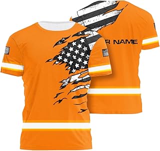 HiVis Custom Safety Shirt Orange Scratch Flags Class 3 Customize Name High Visibility Shirt for Men Reflective Shirt Construction Workwear for Runners, Walkers, Trucker, Operator, Patriotic-3XL