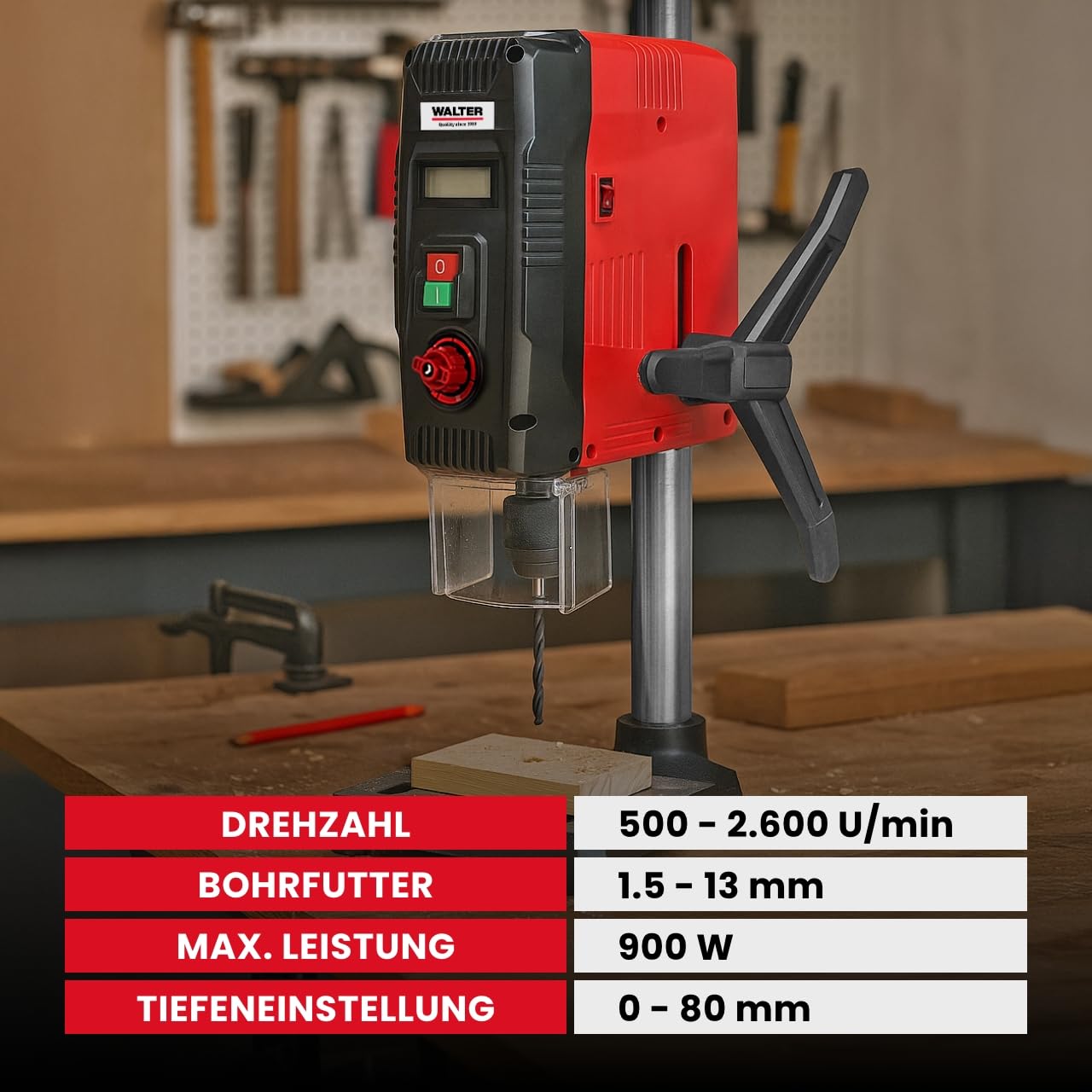 WALTER Tischbohrmaschine 900 W mit Laserführung und LCD-Anzeige, 6 Drehzahlstufen, 40 mm Bohrtiefe in Holz, 13 mm in Stahl, massiver Gusseisentisch, für Heimwerker und Werkstatt
