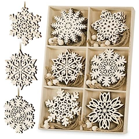 HOUÍSM 24Pack Wooden Snowflakes Ornaments to Paint, Christmas Wooden Crafts Snowflake Cutout Embellishment for Tree Hanging Holiday Card Xmas Gift Tags Kids Paint Cover