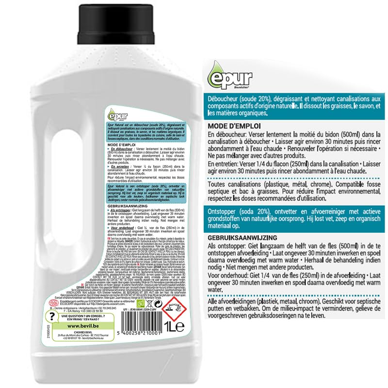Déboucheur soude liquide EPUR 100% naturel EcoCert 1L Nettoyeur canalisation cuisine sdb CosmOS Naturel par EcoCert