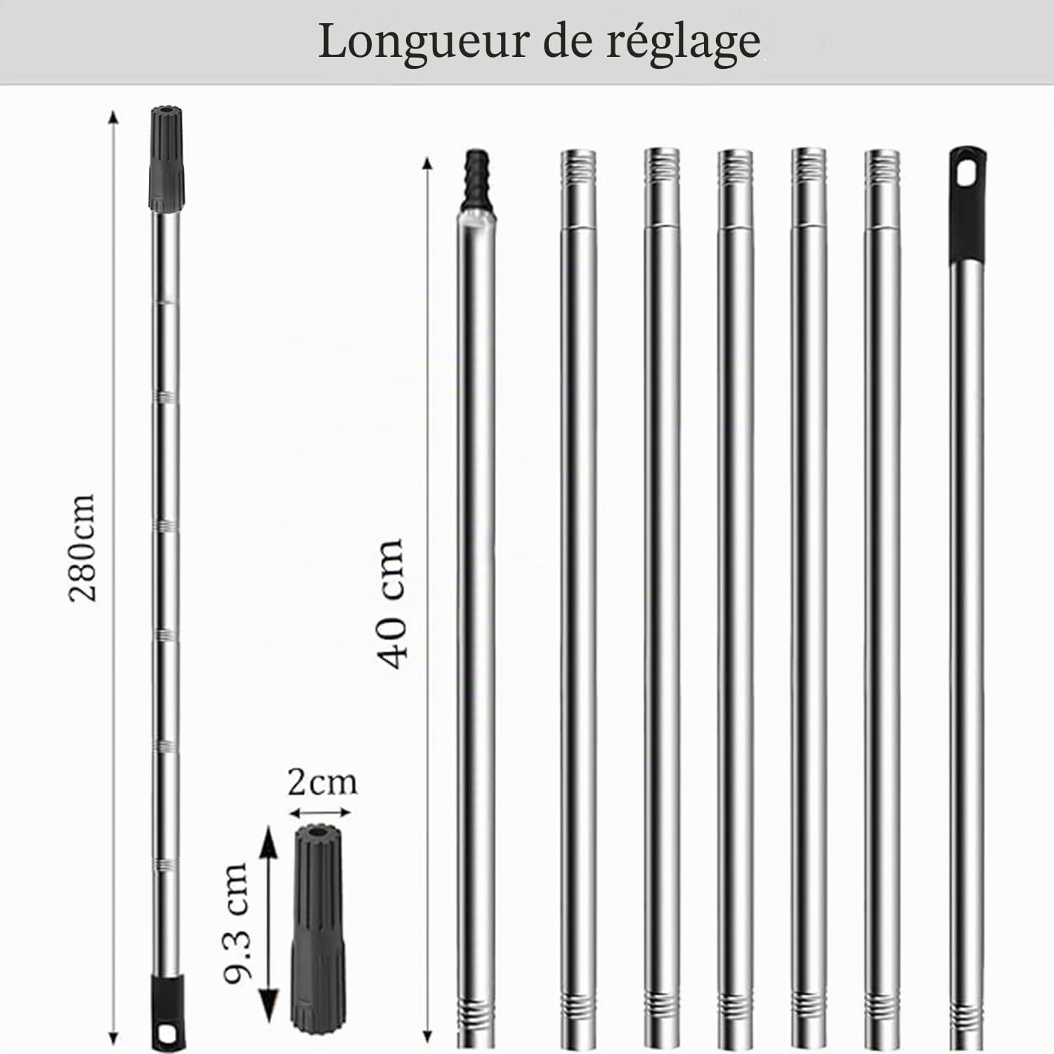 Rouleau de peinture extensible de 2,8 m, 7 sections en acier inoxydable avec adaptateur conique, réglable (80 cm-280 cm) pour peindre les murs, les plafonds, les sols et le nettoyage des fenêtres