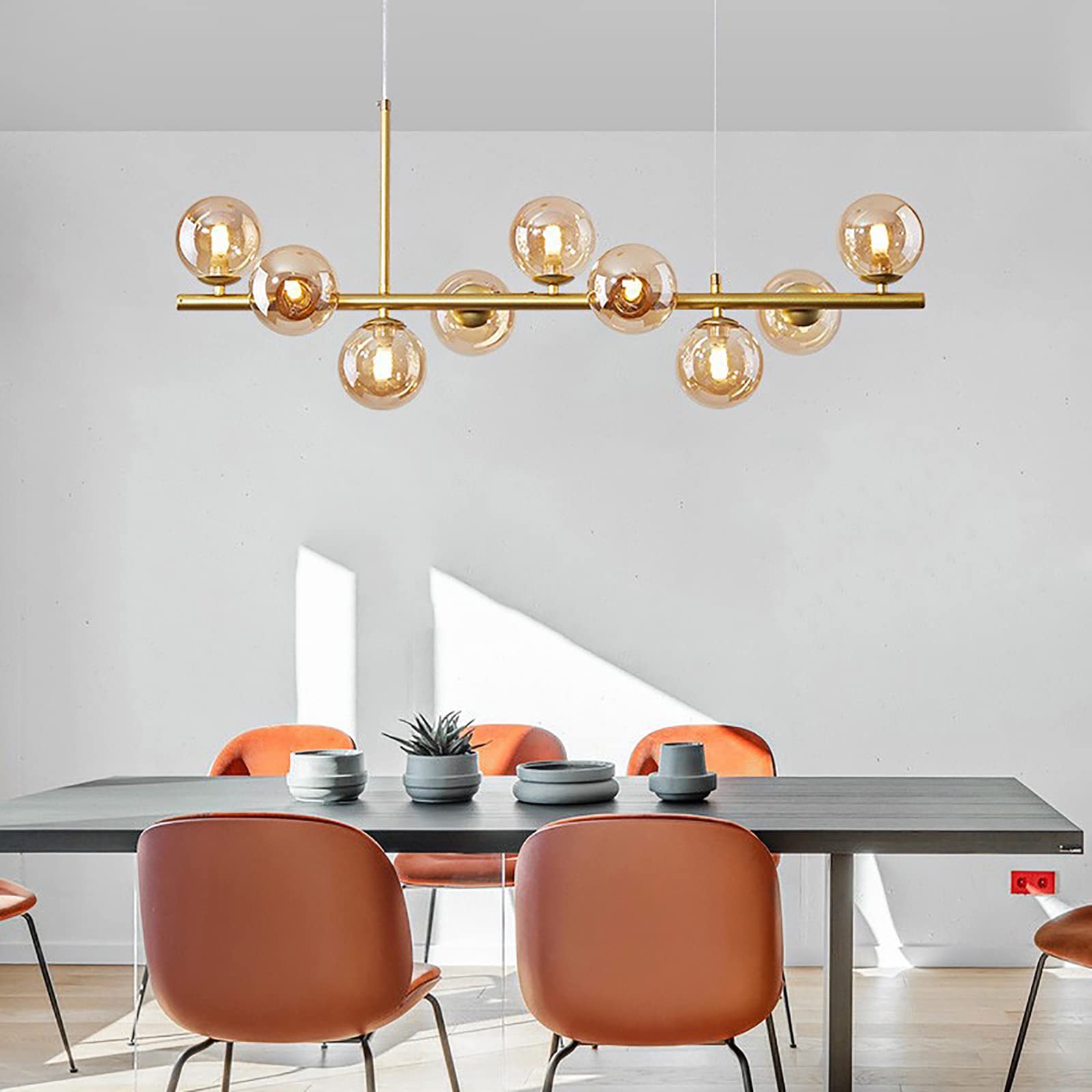KXEcoLife Modern Glass Globe Chandelier with 9 Lights for Kitchen Island Mid Century LED Pendant Lighting Fixture Dining and Living Room 33x9inch