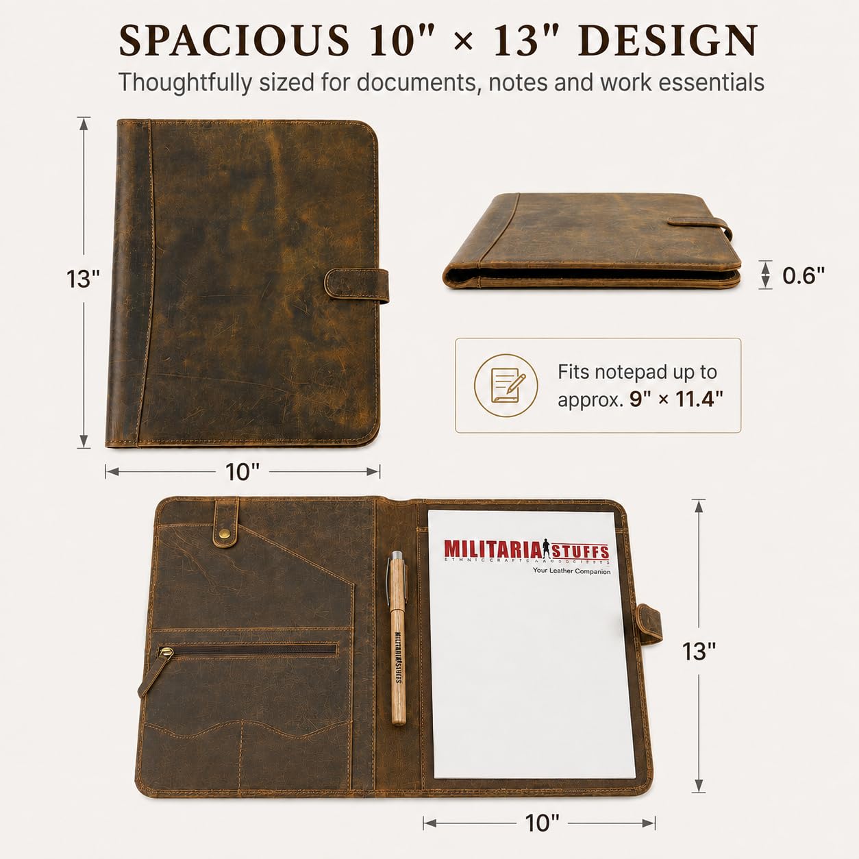 Portefeuille en cuir avec fermeture éclair pour homme et femme, porte-documents en cuir, classeur pour documents A4/bloc-notes, dossier en cuir, dossier de documents (marron)