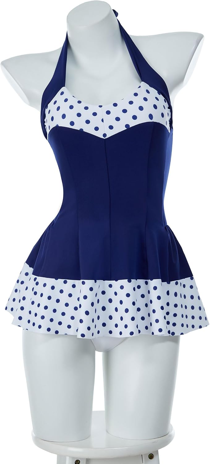 daizbella Women One Piece Swimsuits 50's Vintage Retro Navy Blue Tummy Control Bathing Suit