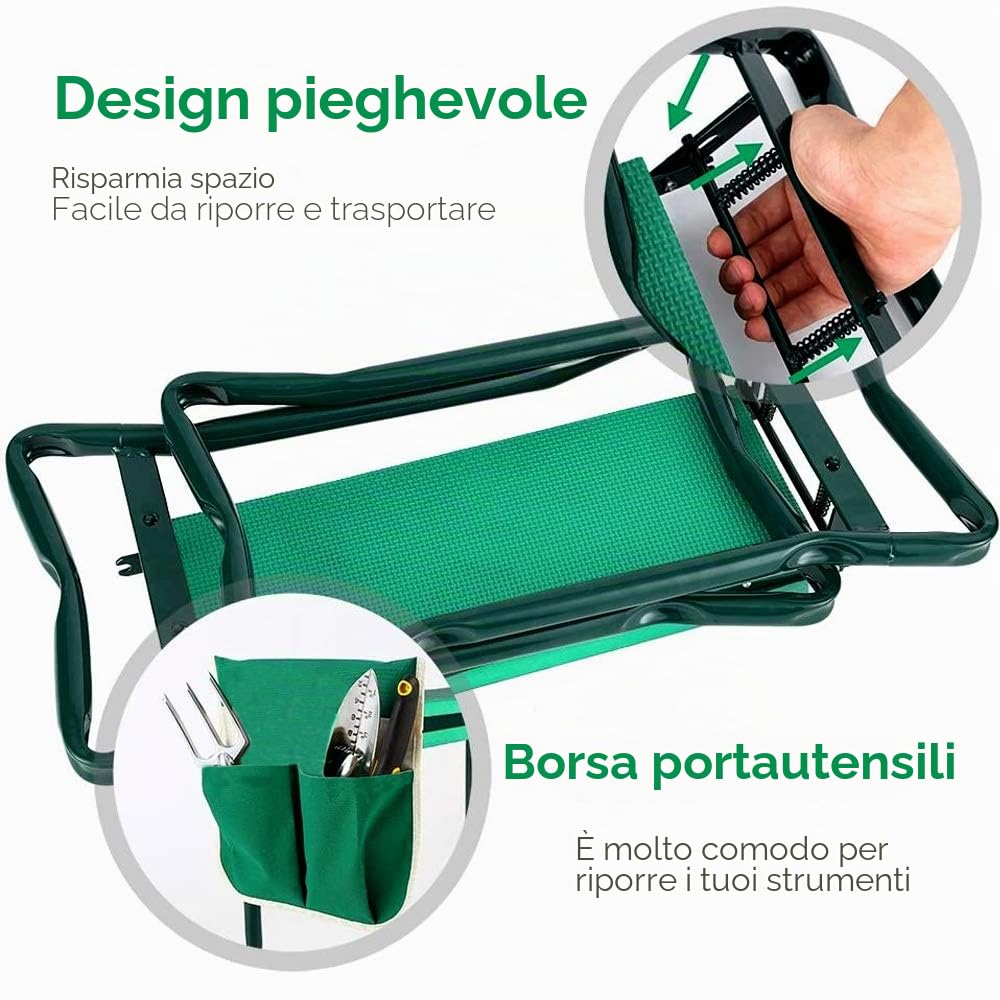 Randaco - Sgabello da giardino con tappetino in schiuma EVA, portatile, pieghevole, con borsa per gli attrezzi, per lavori di giardinaggio, portata fino a 150 kg