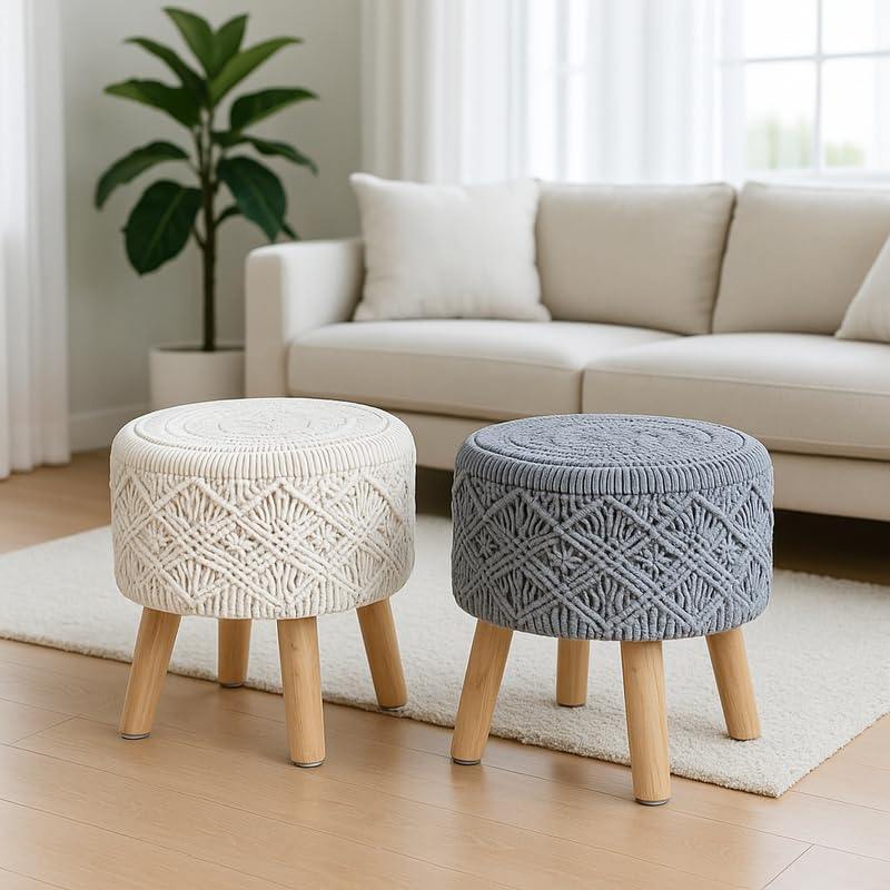 Image of Ottoman Foot Rest Puffy, Cotton Dori Ottoman for Home Decor, Solid Wood Legs Dressing Stool, Footstool Puffy for Living Room & Office Room | 16x17 Inch, Set of 2, Macrame White-Grey