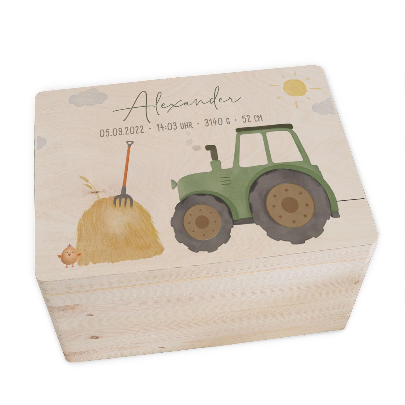 hellomini Personalisierte Erinnerungsbox Baby - Erinnerungskiste mit Namen aus Holz - Geschenk zur Geburt für - Babygeschenke (Trecker, XL: 60x40x23cm)