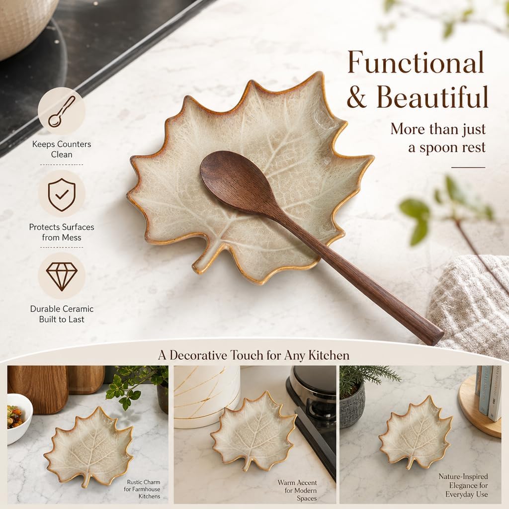 2 PCS Spoon Rest Ceramic Leaf Shaped for Stove Top & Kitchen Countertop - Cute Large Porcelain Spoon Holder Utensil Rest Spatula Rest for Cooking, Farmhouse Kitchen Decor