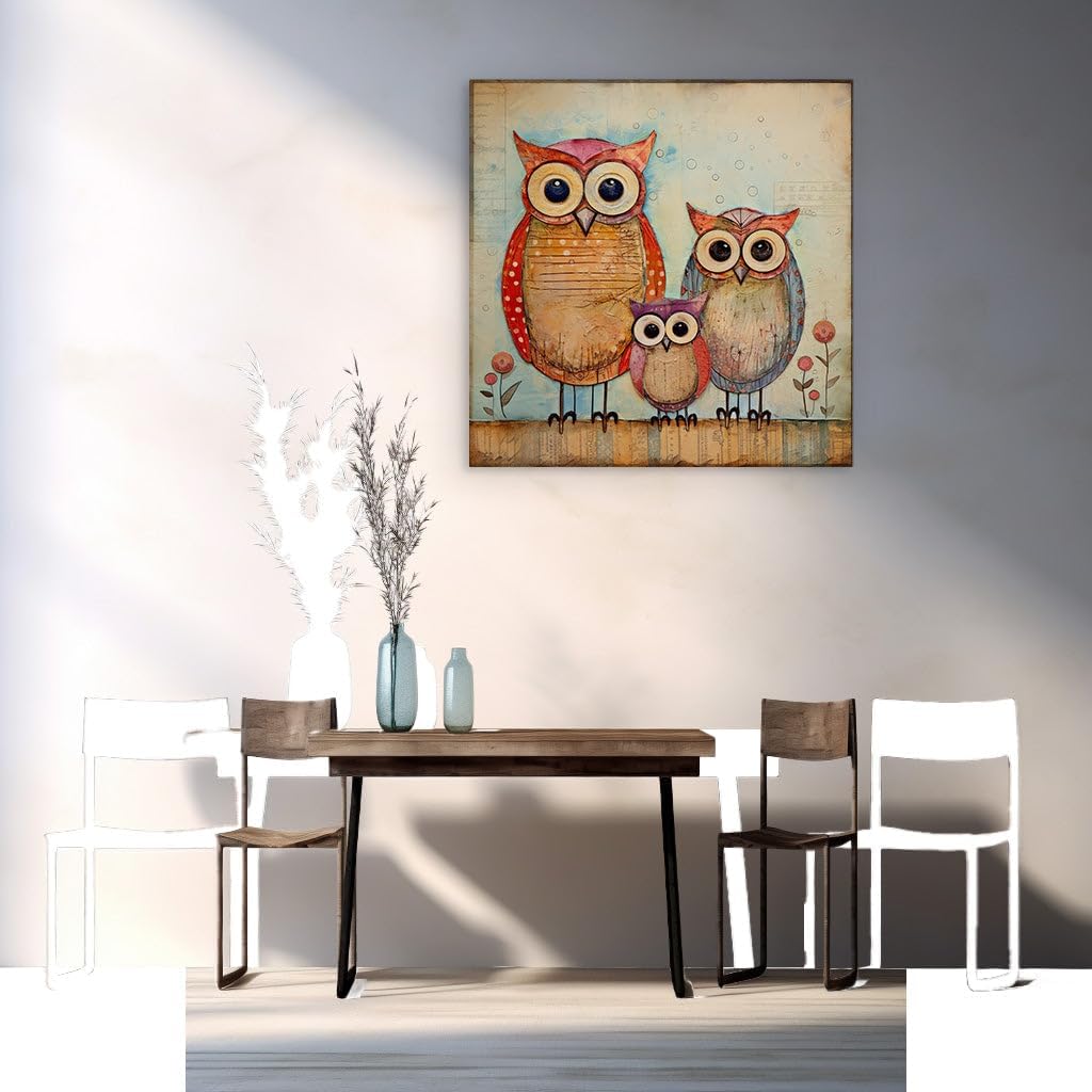 Canvas for Living room. Whimsical Trio: A Vibrant Family of Owls in a Kaleidoscopic World, 27 x 18 inch Canvas Wall Art - Contemporary Masterpieces - Nature Home Decor - 69x46 cm (27x18 inch)