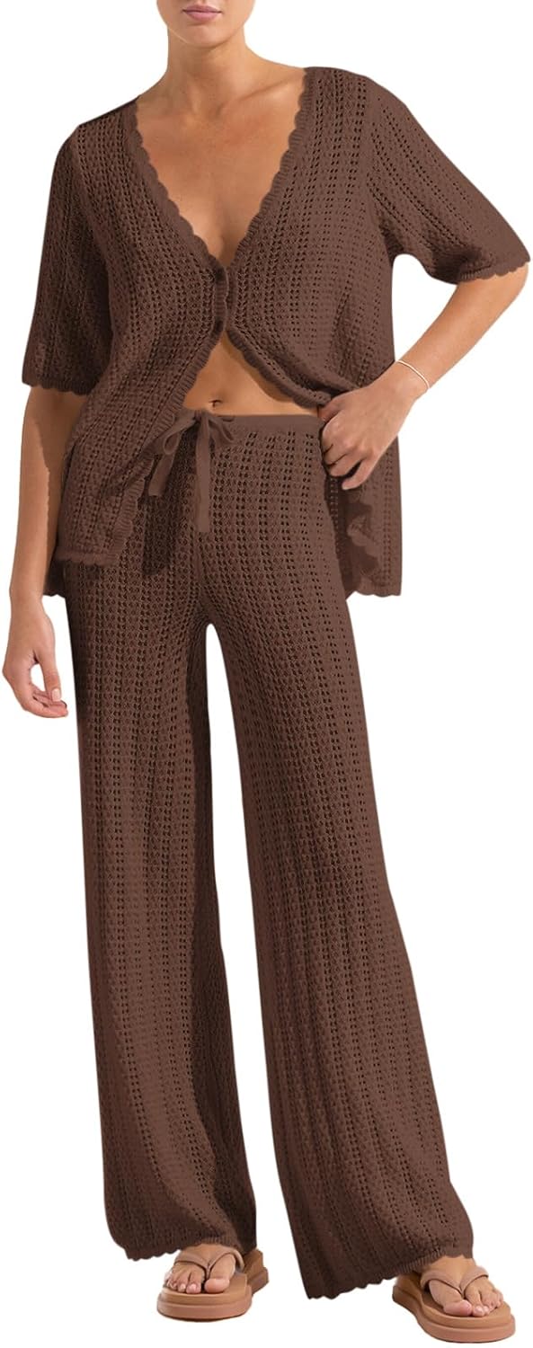 Imily Bela Women's Summer 2 Piece Swimsuit Cover up Crochet Knit Cardigan Tops Long Pants Set Bathing Suit Beach Outfit