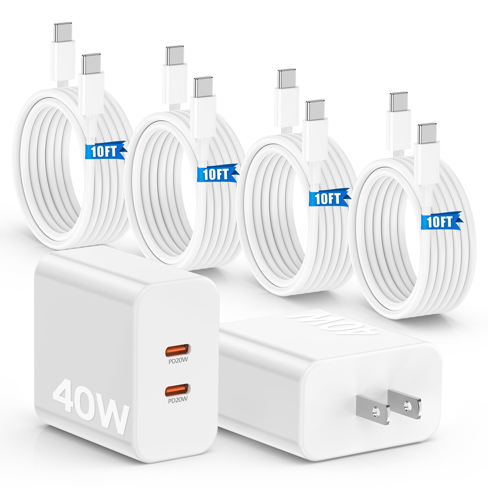 40W Fast Charger for iPhone 16 15 Pro Max Charger Fast Charging,2Pack Dual Port USB C Charging Block with 4Pack 10FT USB C to USB-C Charger Cord for iPhone 16 15 Plus/16 15 Pro Max/iPad Pro-White