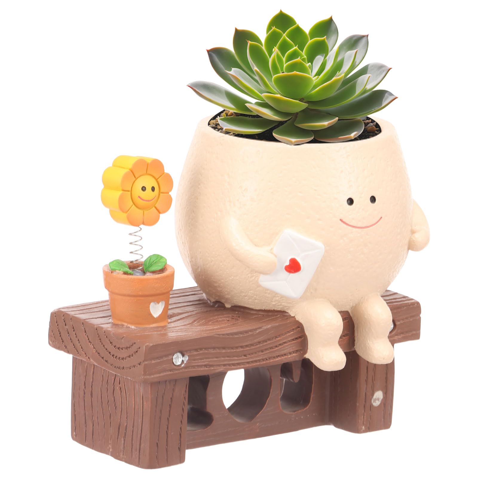 Yunyouc Beige Smile Face Planter Pot With Drainage Hole, Cute Resin Plant Pot For Succulent Pothos String Of Pearl Present For Plant Lover Garden Enthusiast(Beige)